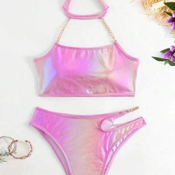Y2K Festival Mermaidcore Metallic Holographic Choker Chain Detail Bikini - Picture 3 of 12